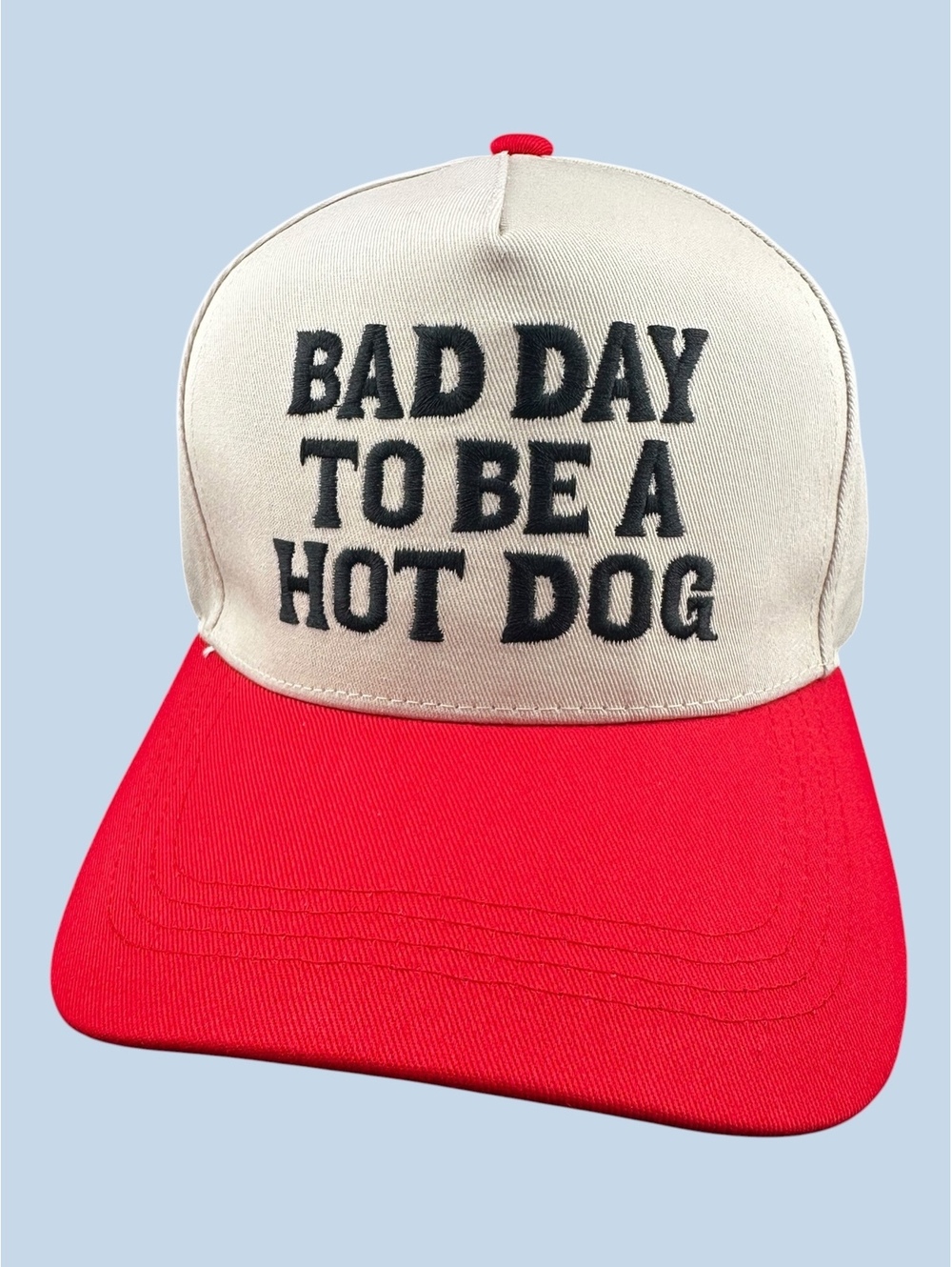 Red and Cream Cap with 'BAD DAY TO BE A HOT DOG' Embroidered